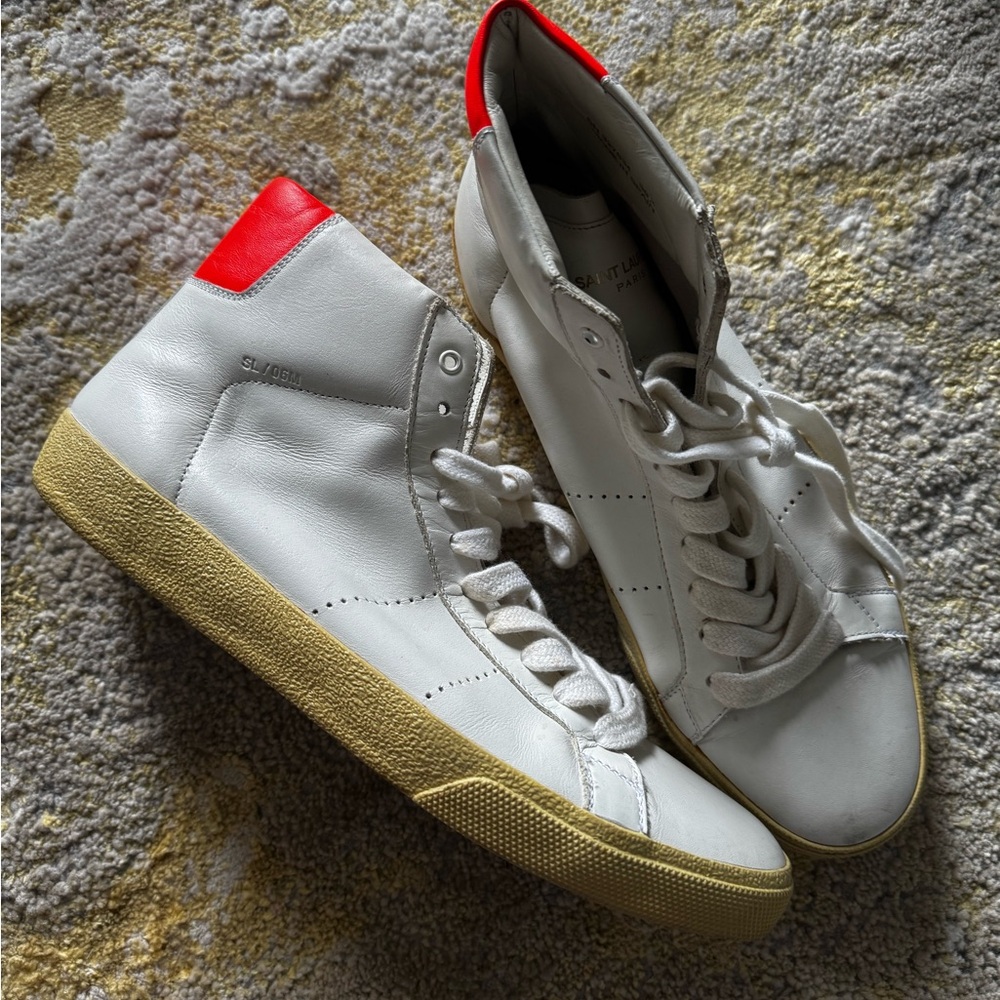 Saint Laurent White and Red High-Top Sneakers